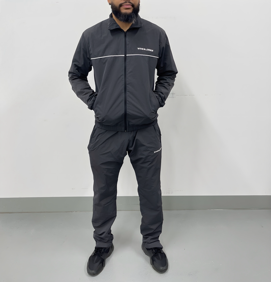 BAR LOGO TRACK JACKET & PANT SET - GUN METAL GREY